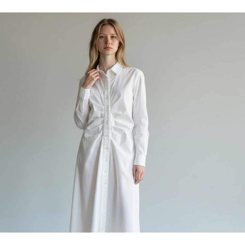 The Shirt Rochelle Behrens White Ruched Dress M Button Front Cotton Stretch